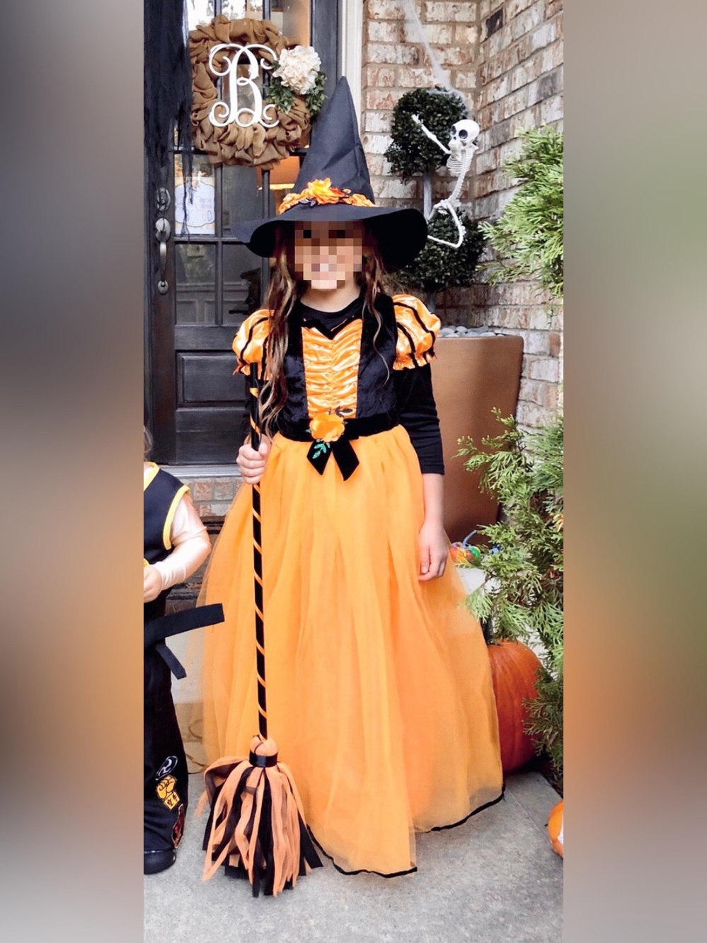Girls Orange and Black Witch Costume Dress with Hat and Broom